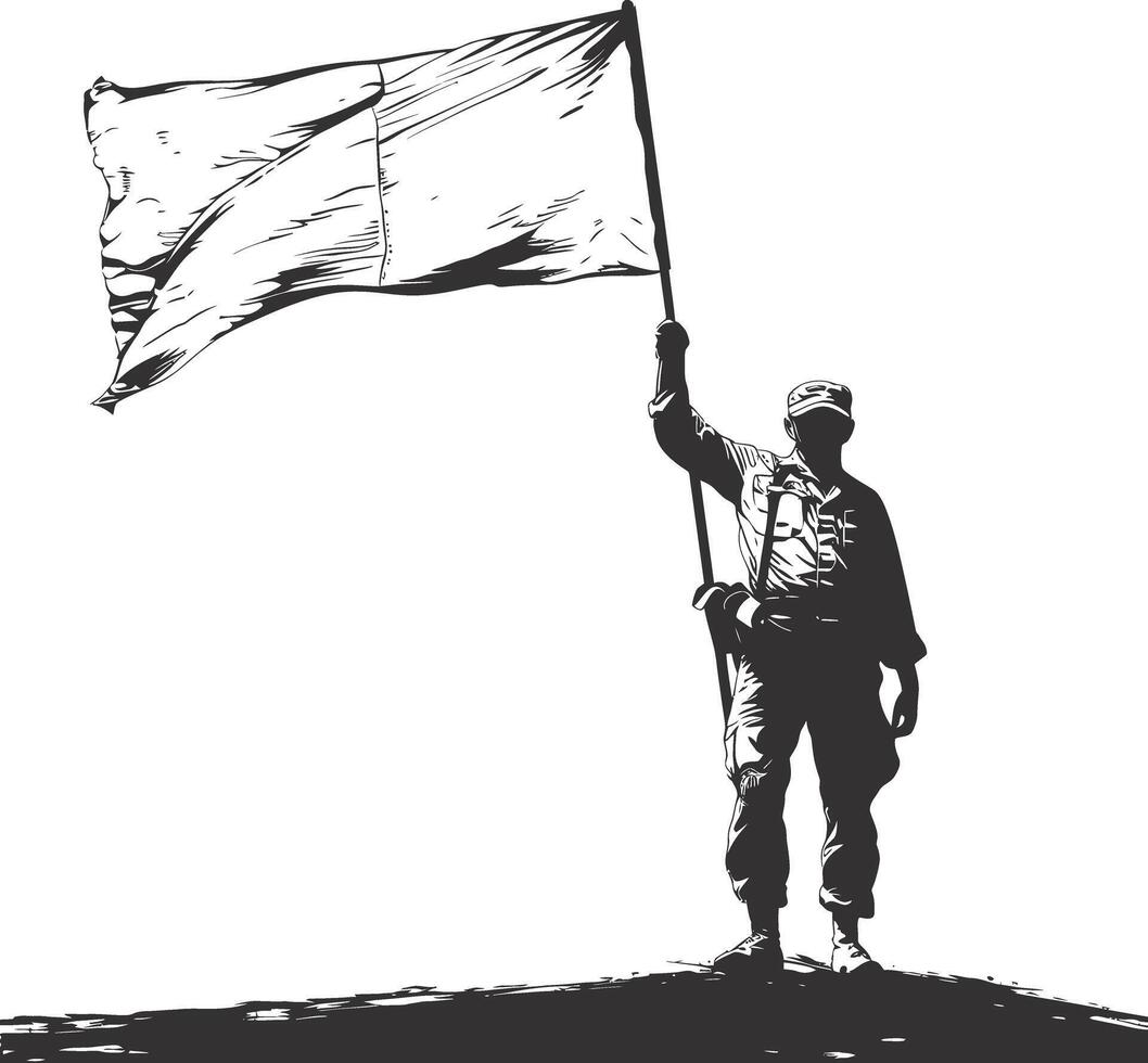 AI generated Silhouette Soldiers or Army pose in front of the white flag black color only vector