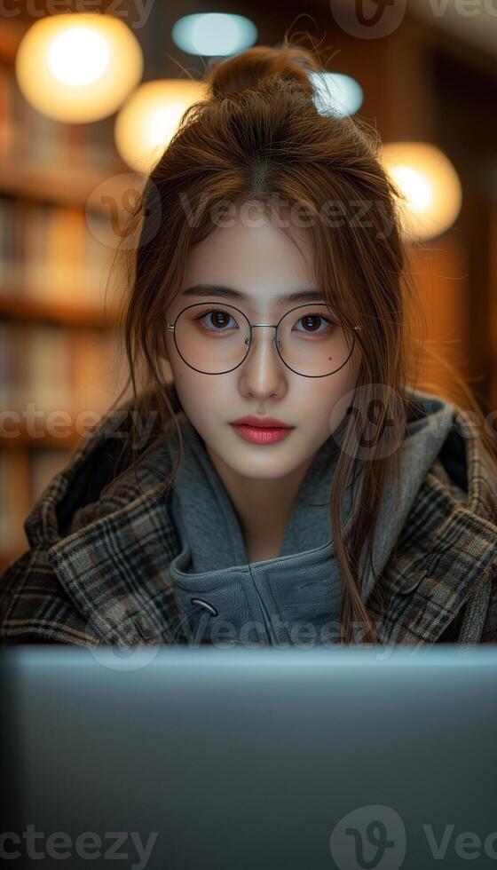 AI generated Library Learning Female Student Studying with Laptop photo