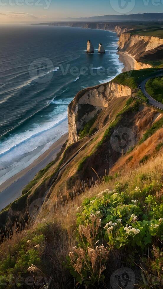 AI generated Breathtaking Bluffs  Clifftop Views Overlooking Ocean Below photo
