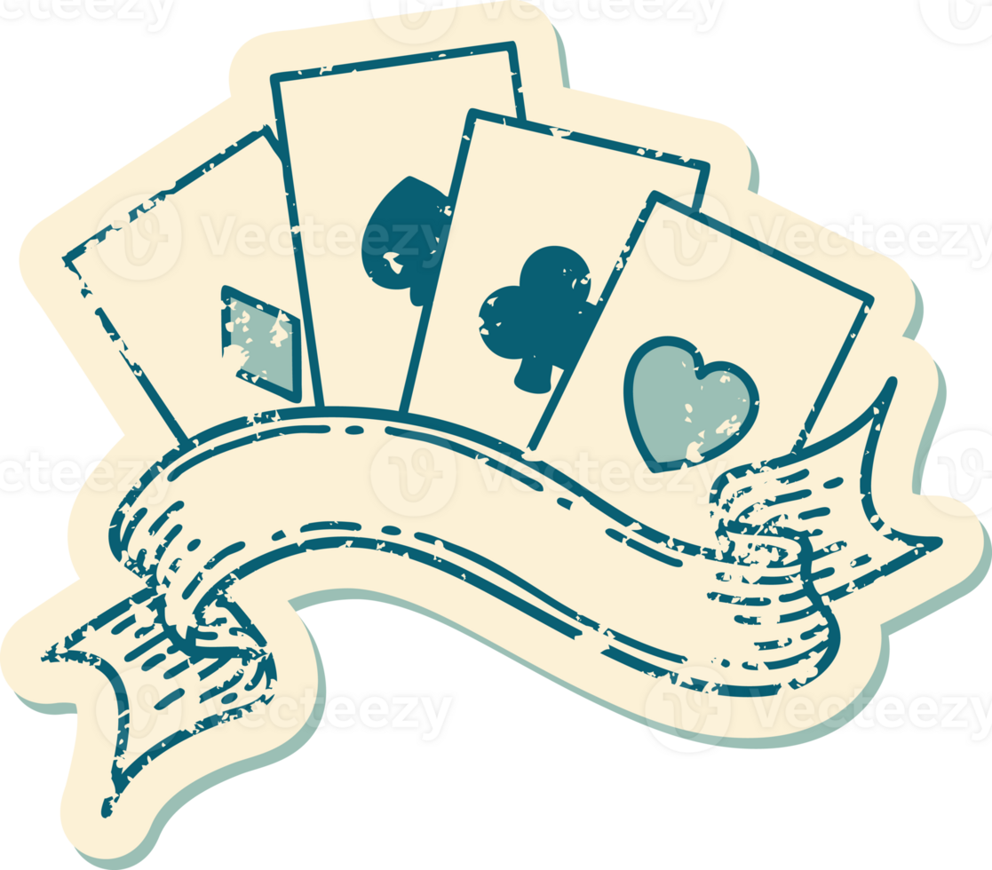 iconic distressed sticker tattoo style image of cards and banner png