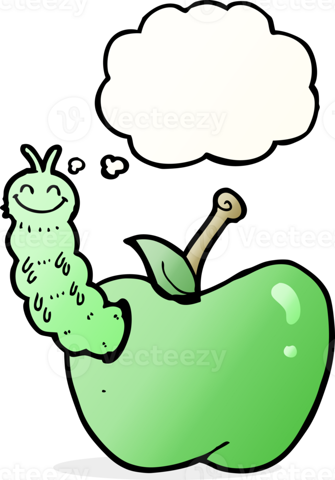 cartoon bug eating apple with thought bubble png