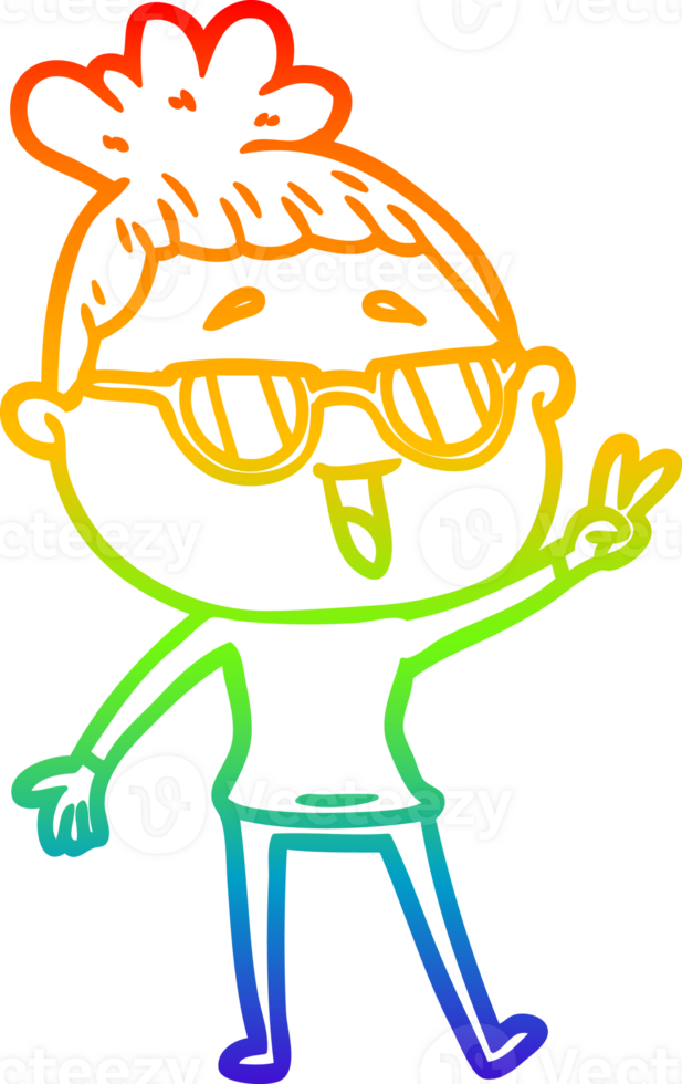 rainbow gradient line drawing of a cartoon happy woman wearing spectacles png