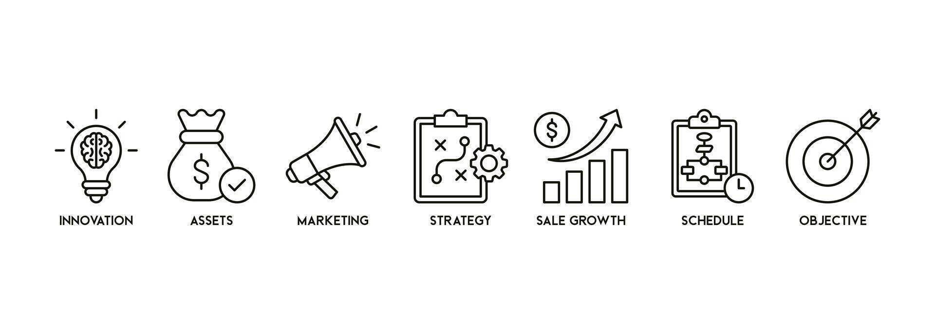 Banner of business plan symbol vector illustration concept with the icon of innovation, assets, marketing, strategy, sale, growth, schedule and object