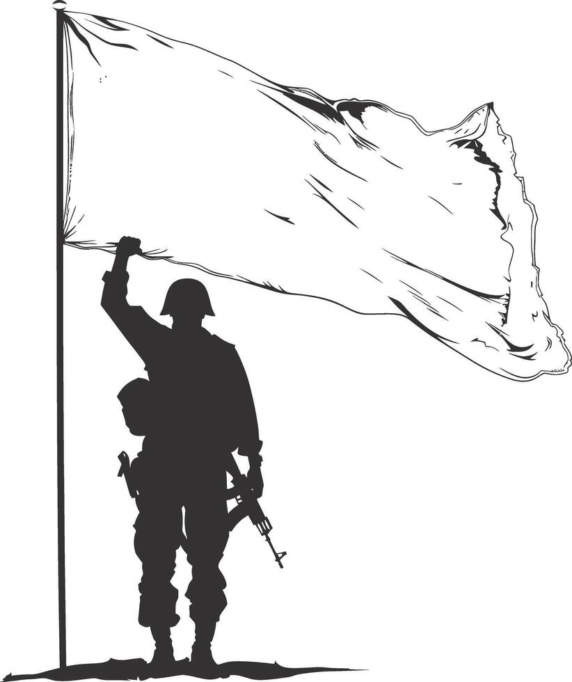 AI generated Silhouette Soldiers or Army pose in front of the white flag black color only vector