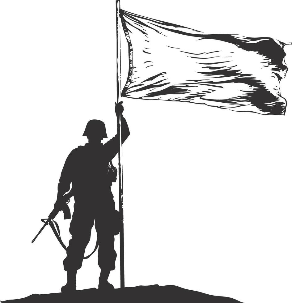 AI generated Silhouette Soldiers or Army pose in front of the white flag black color only vector