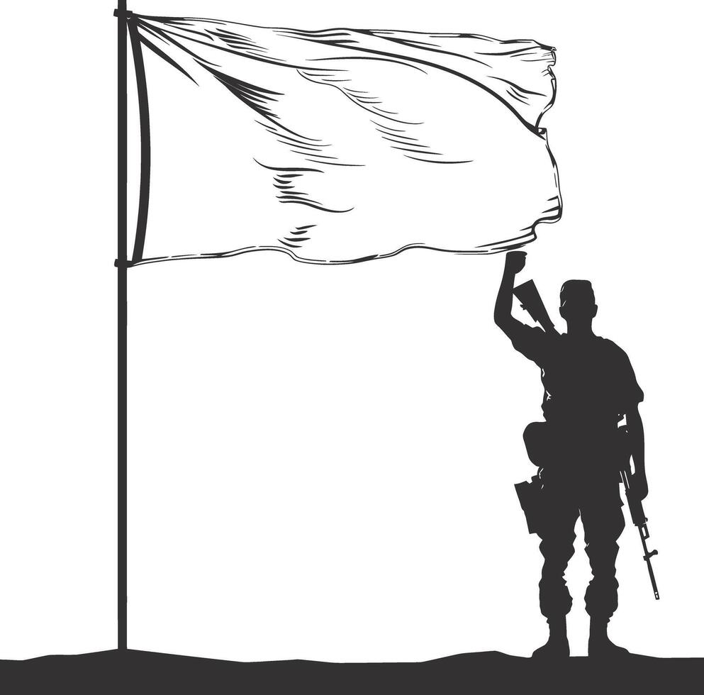 ai generado silueta soldados o Ejército actitud en frente de el blanco bandera negro color solamente vector