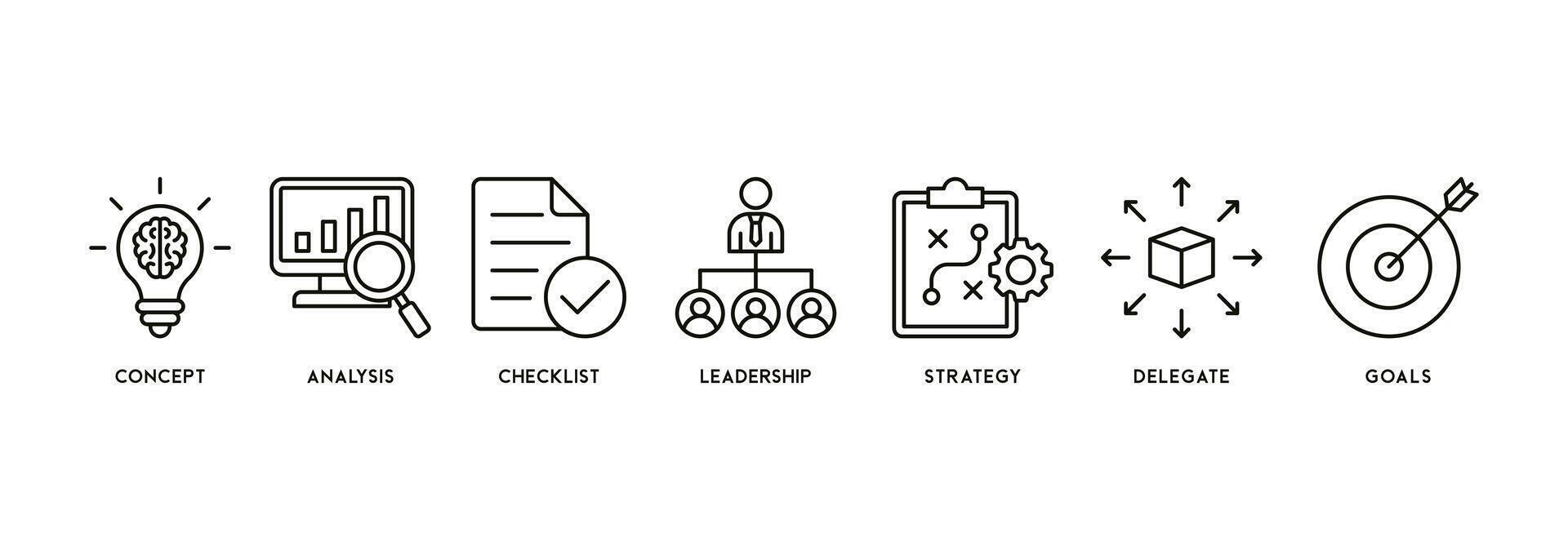 planificación concepto vector ilustración con bandera íconos de concepto, análisis, Lista de Verificación, liderazgo, estrategia, delegar y metas