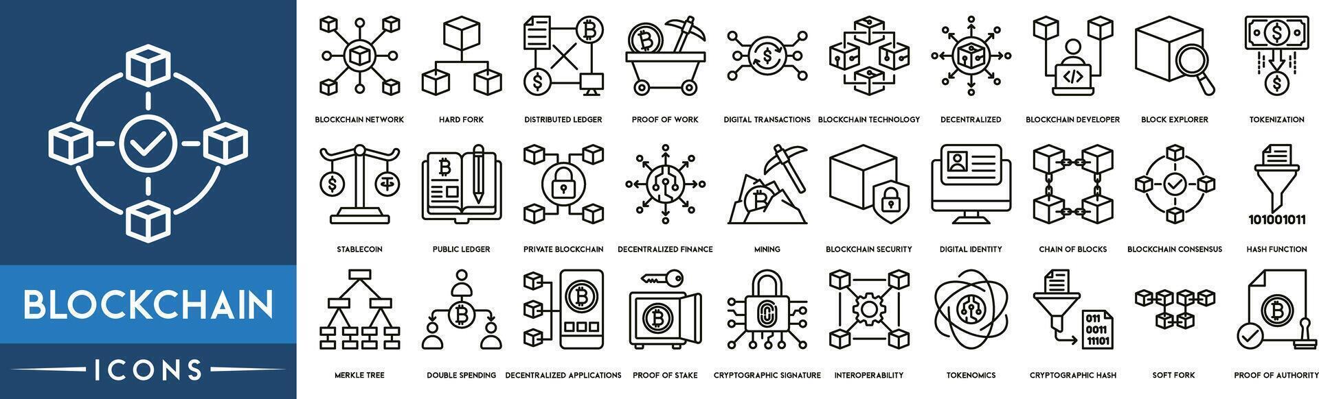 Blockchain Outline Icon Collection. Blockchain Network, Cryptocurrency, Distributed Ledger, Digital Transactions, Technology, Tokenization, stable coin, Private Blockchain, Mining and Security. vector