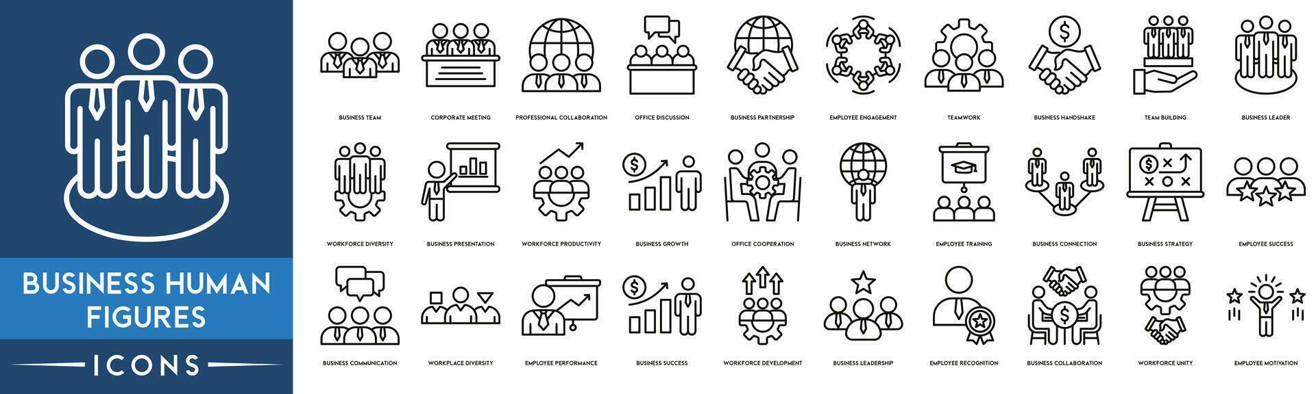 Business Human Figures Outline Icon Collection. Business Team, Meeting, Collaboration, Discussion, Partnership, Engagement, Teamwork, Team Building and Business Growth vector