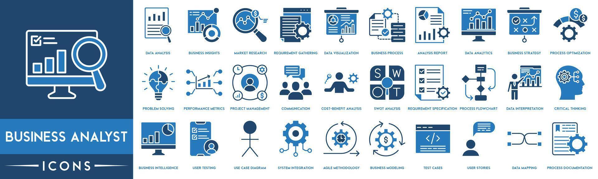 Business Analyst Outline Icon Collection. Data Analysis, Business Insights, Market Research, Data Visualization, Business Process, Analysis Report, Data Analytics and Business Strategy vector