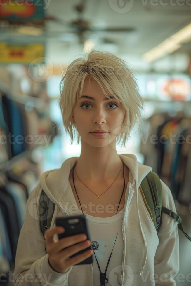 ai generado mujer con corto rubio cabello, acerca de 25 años viejo. tomando un autofoto, participación un teléfono inteligente en un grande espejo en un ropa Tienda foto