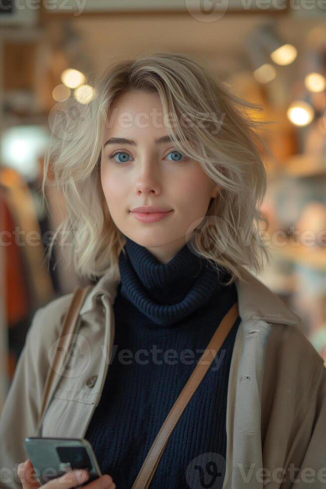 AI generated Woman with short blond hair, about 25 years old. Taking a selfie, holding a smartphone in a large mirror in a clothing store photo