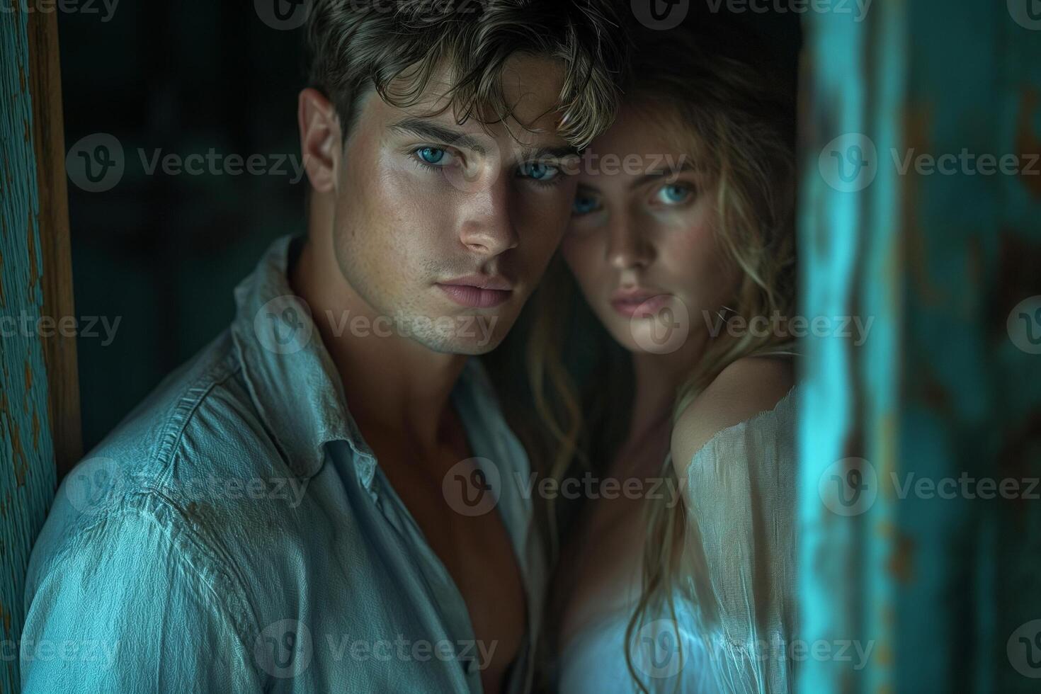 AI generated young english man in blue shirt is standing close to the door of a quiet dark luxuriant room in the night with a young lady in white arm dress photo