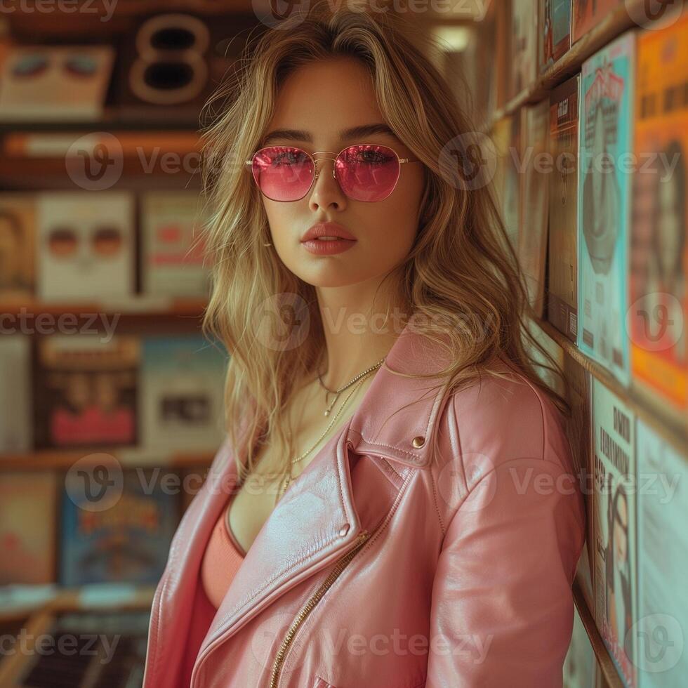 AI generated young slavic woman in a pink leather jacket and pink sunglasses in a music store photo