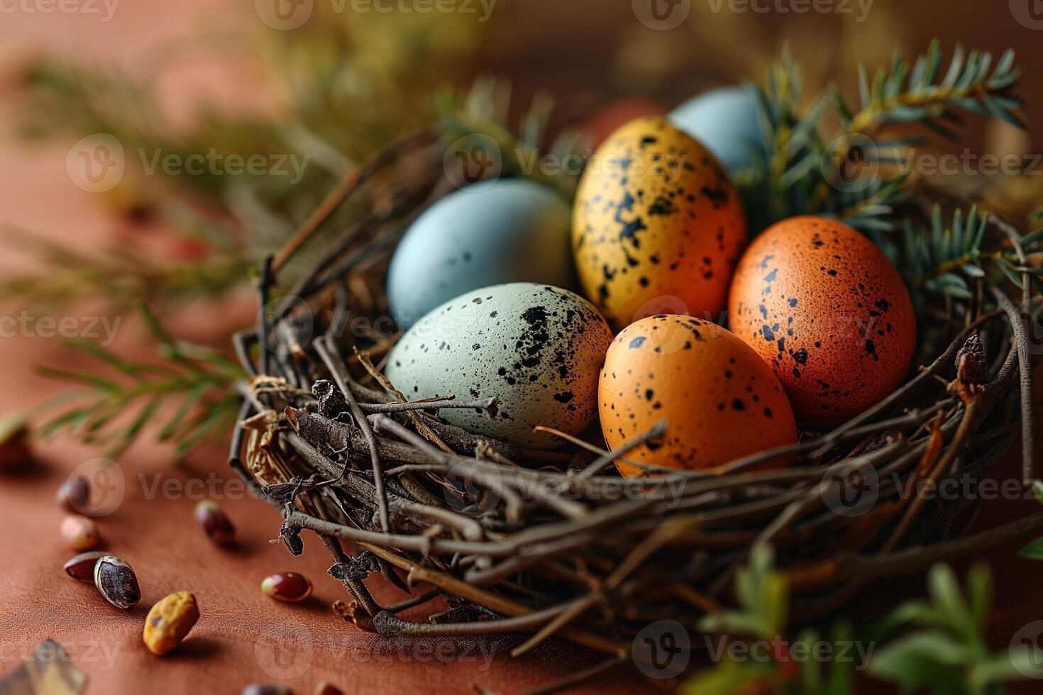 AI generated Nest with colorful Easter eggs and spring flowers on a peach colored background photo