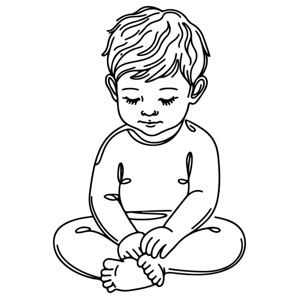 Continuous one black line art hand drawing child sitting alone doodles outline cartoon style coloring page vector illustration  on white background