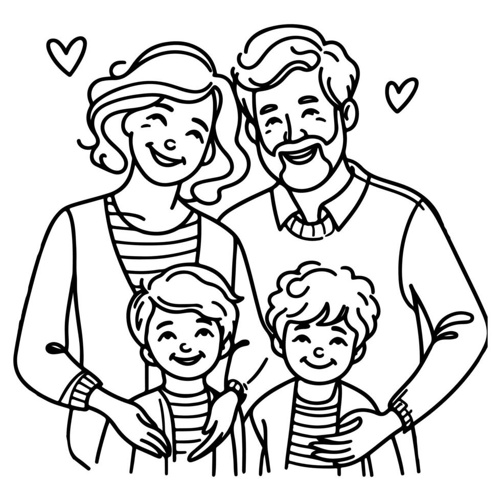 continuo uno negro línea Arte dibujo contento familia padre y madre con niño garabatos estilo vector ilustración en blanco