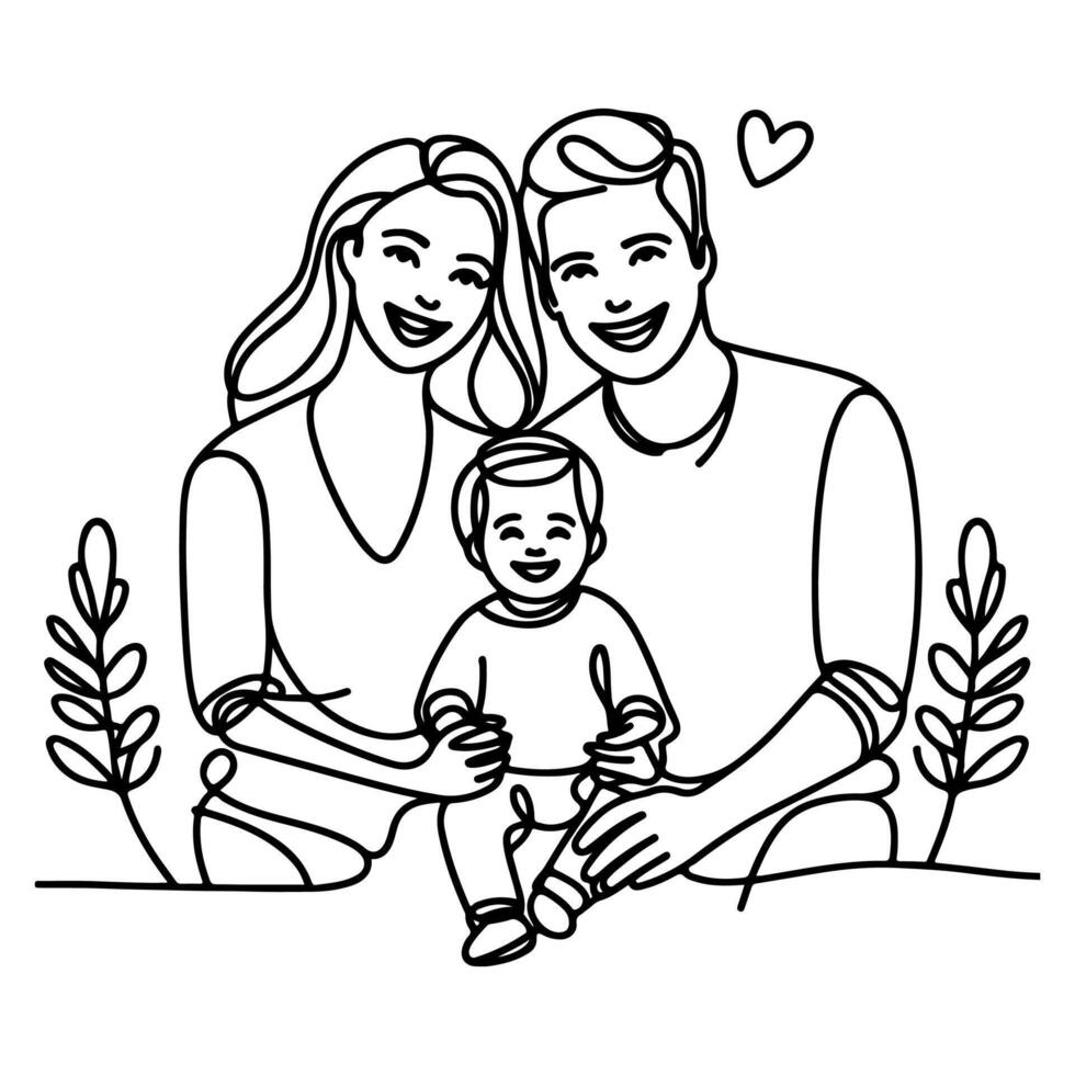 continuo uno negro línea Arte dibujo contento familia padre y madre con niño garabatos estilo vector ilustración en blanco