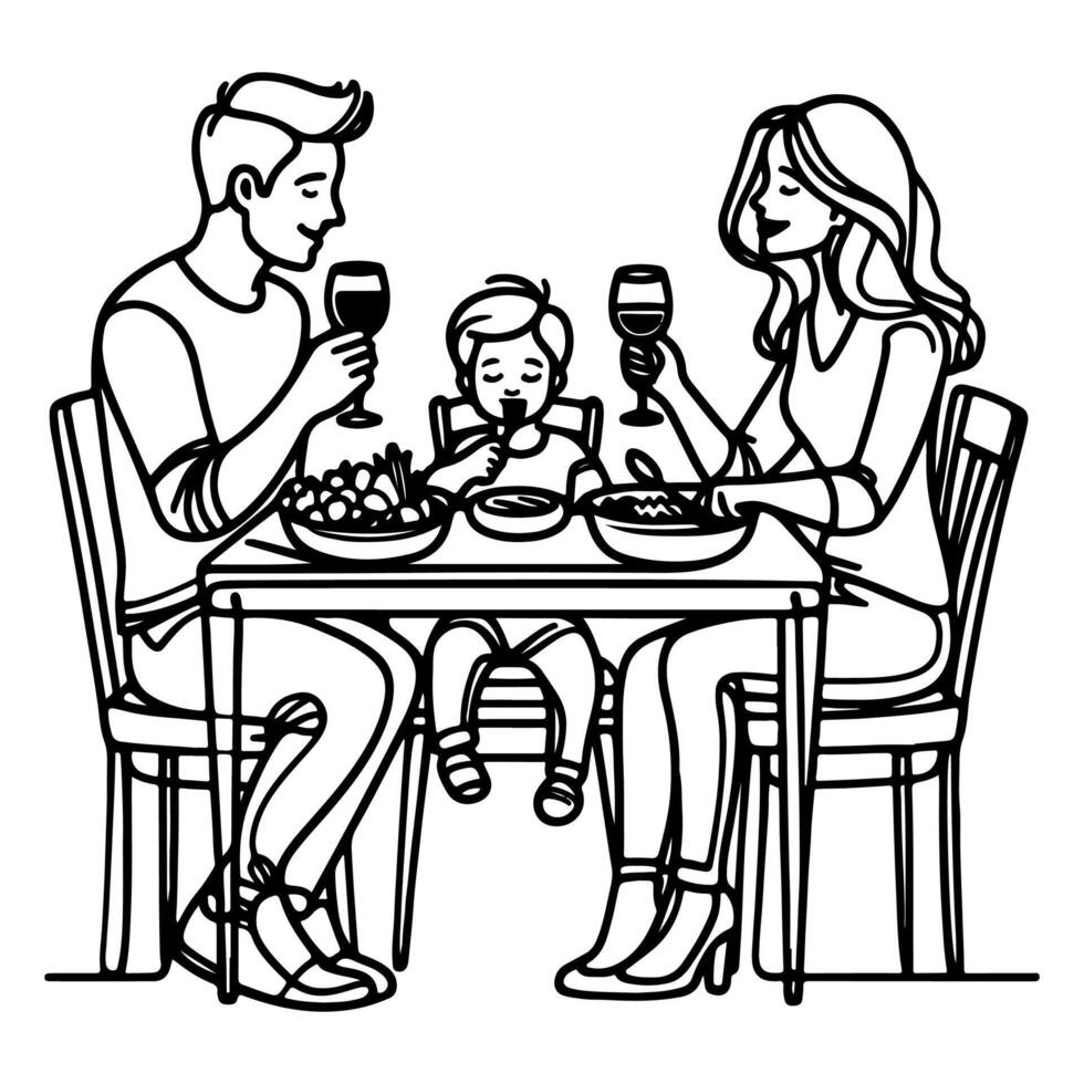 Continuous one black line art drawing happy family father and mother with child. having dinner sitting at table doodles style vector illustration on white background