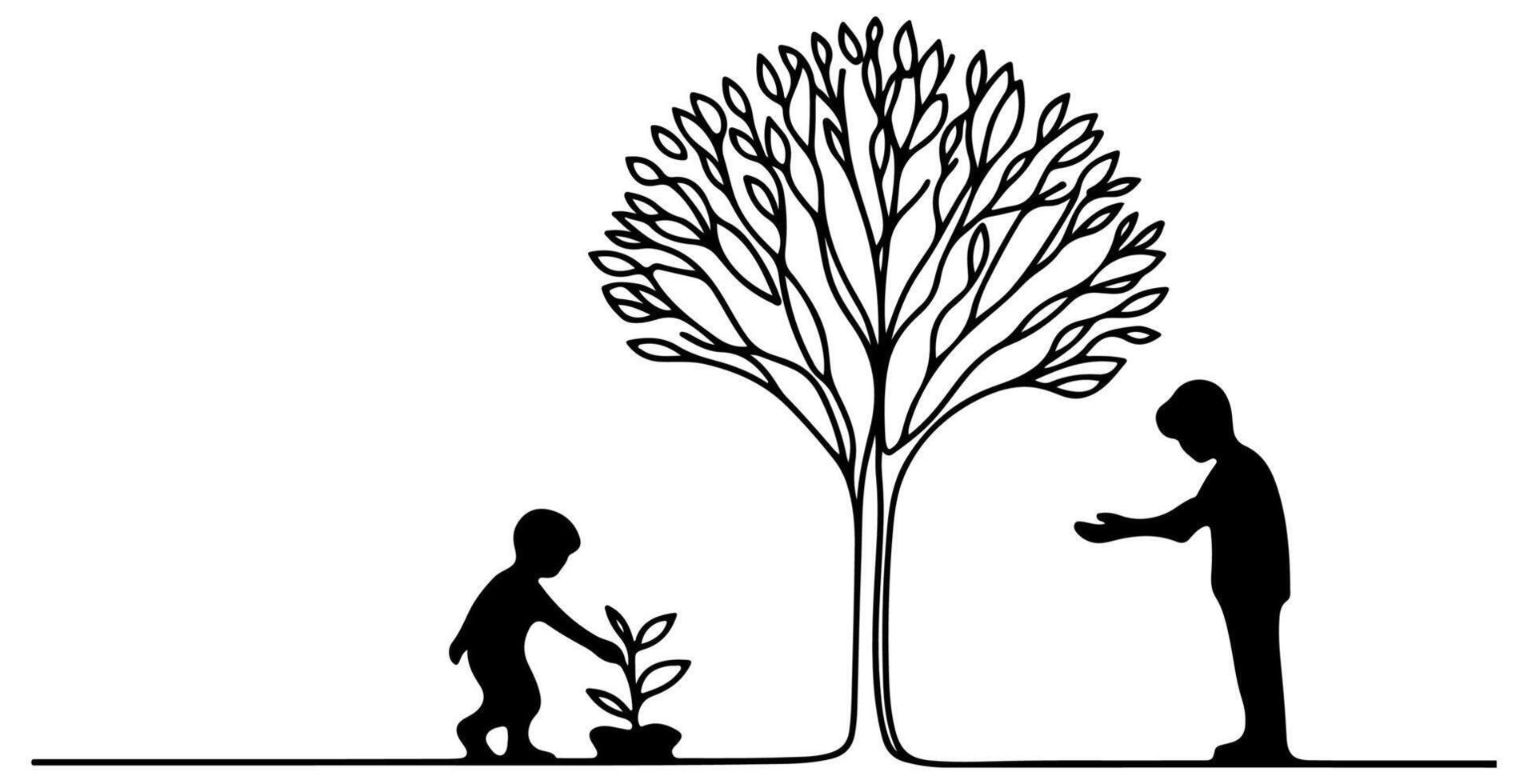 Continuous one black line art drawing Silhouette of children planting tree. Shovel digs roots plant into ground to save the world and earth day reduce global warming growth vector