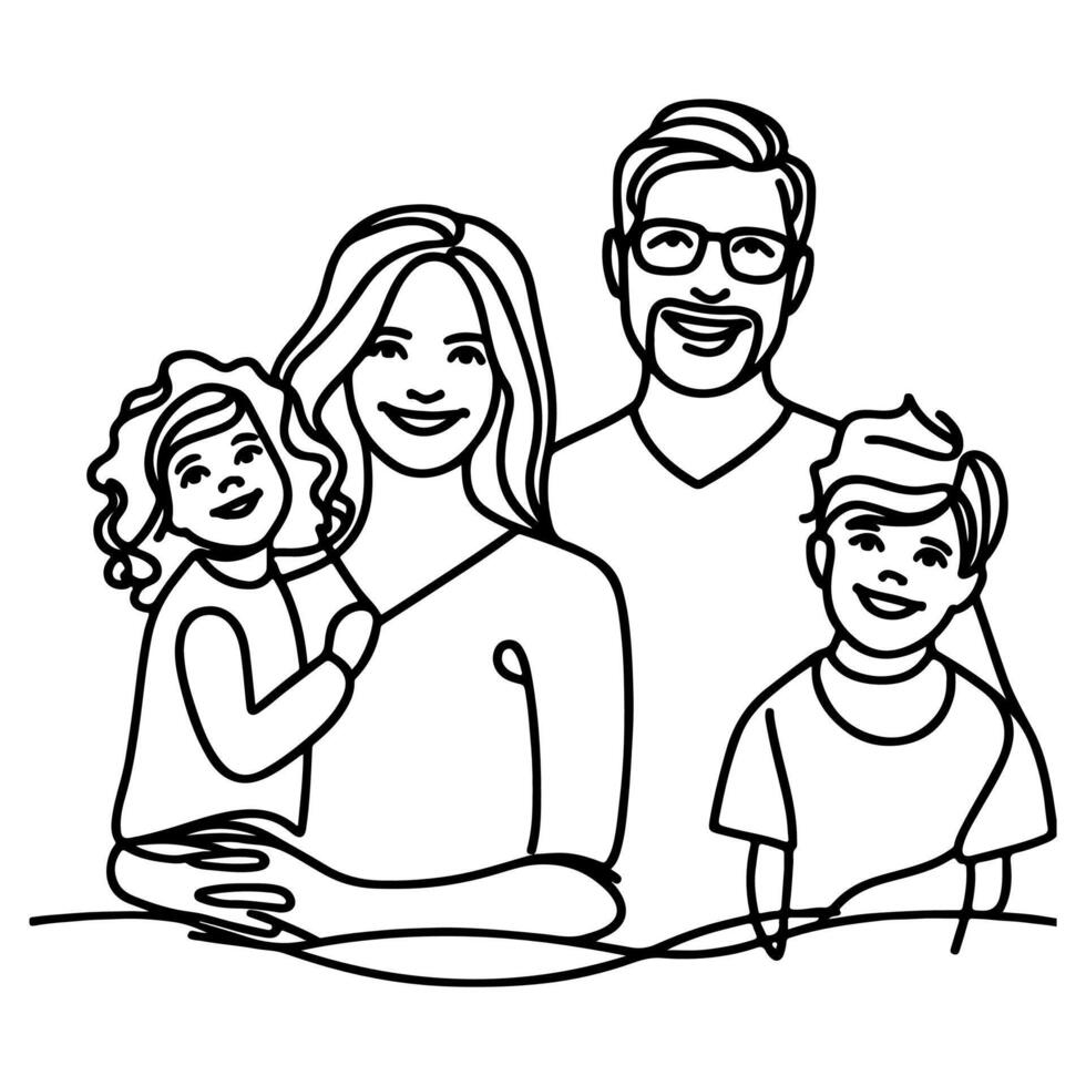 Continuous one black line art drawing happy family father and mother with child doodles style vector illustration on white
