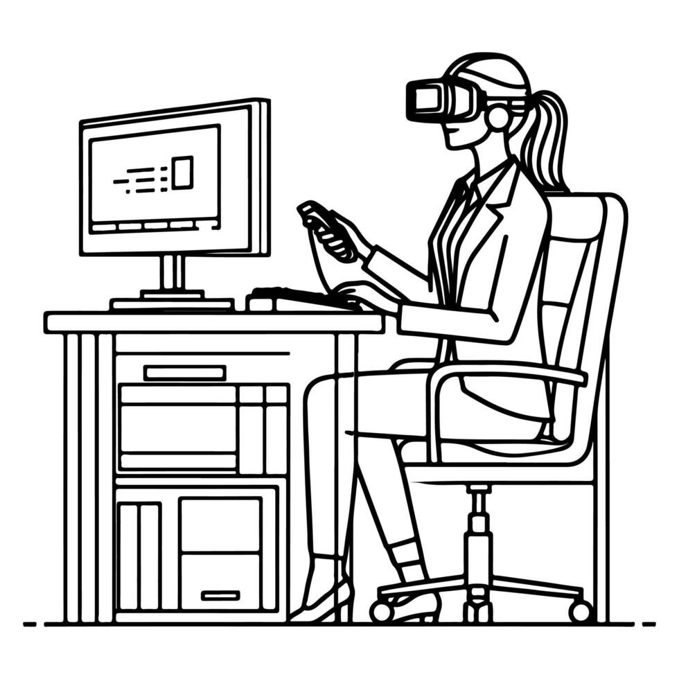 single continuous drawing black line art linear woman in office using virtual reality headset simulator glasses with computer doodle style sketch vector