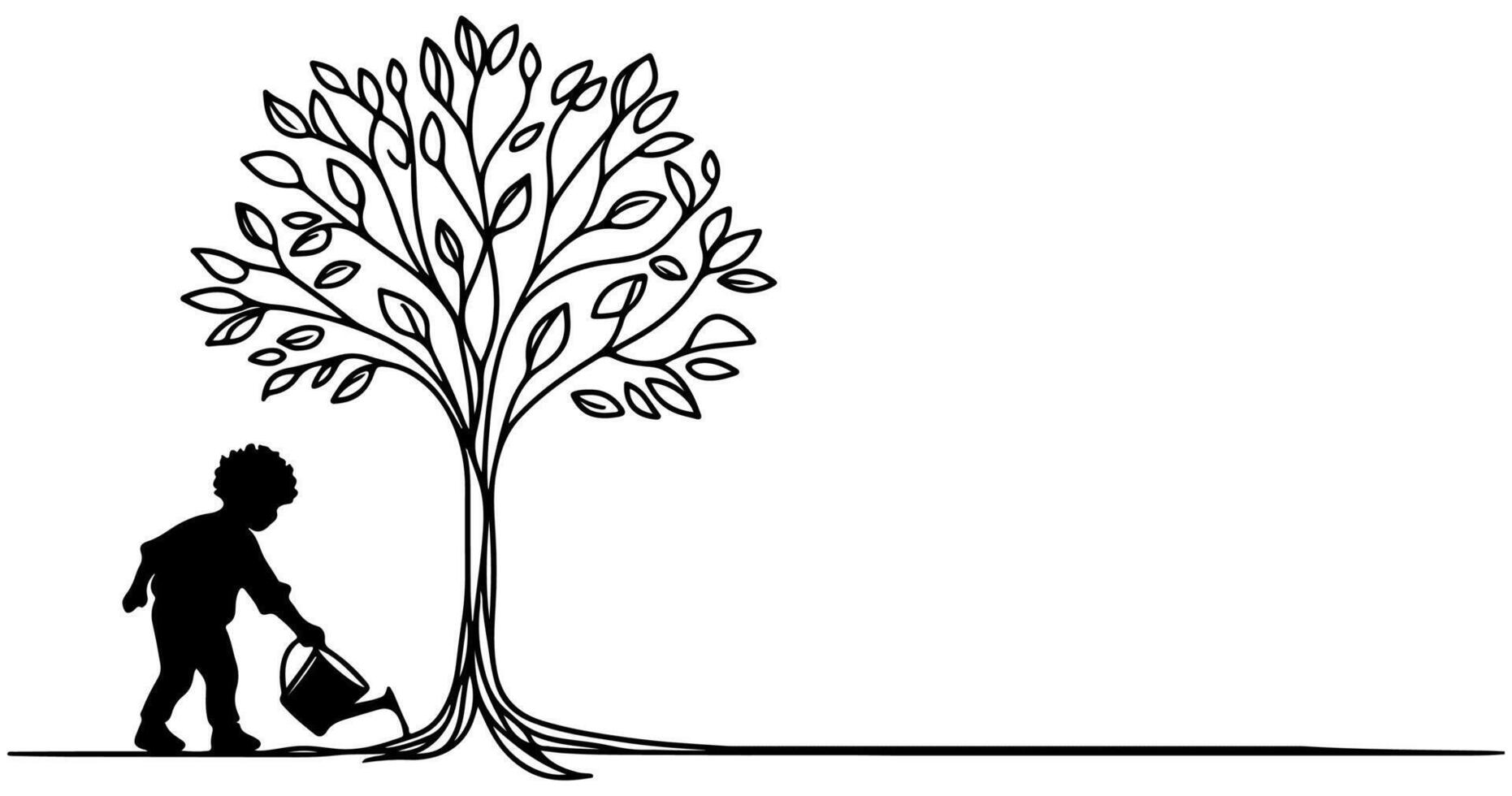 continuo uno negro línea Arte dibujo silueta de niños riego un árbol. plantando árbol a salvar el mundo y tierra día reducir global calentamiento crecimiento concepto vector ilustración en blanco antecedentes
