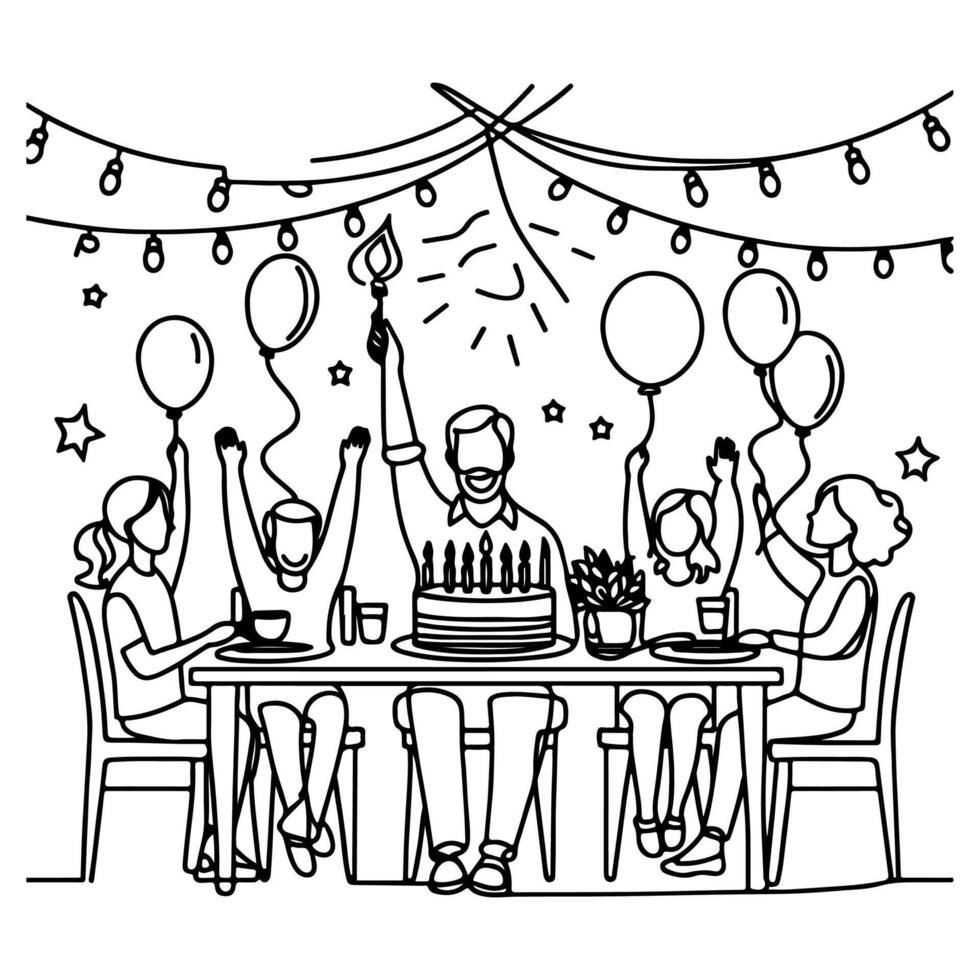 single continuous drawing black line family dinner sitting at table to celebration anniversary happy birthday party doodles vector