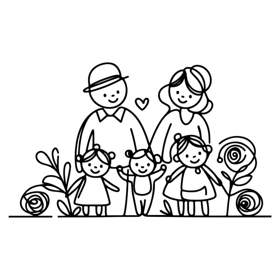 Continuous one black line art drawing happy family father and mother with child doodles style vector illustration on white