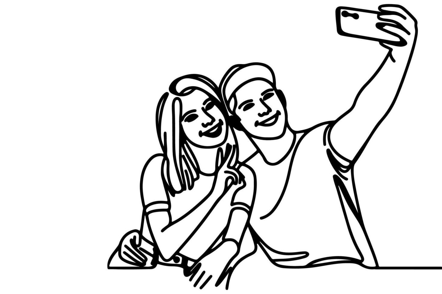 continuous one black line art drawing cheerful young man and girl  holding smartphone to taking acting selfie or video call through mobile phone outline doodle vector family travel concept