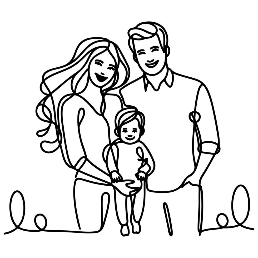 continuo uno negro línea Arte dibujo contento familia padre y madre con niño garabatos estilo vector ilustración en blanco