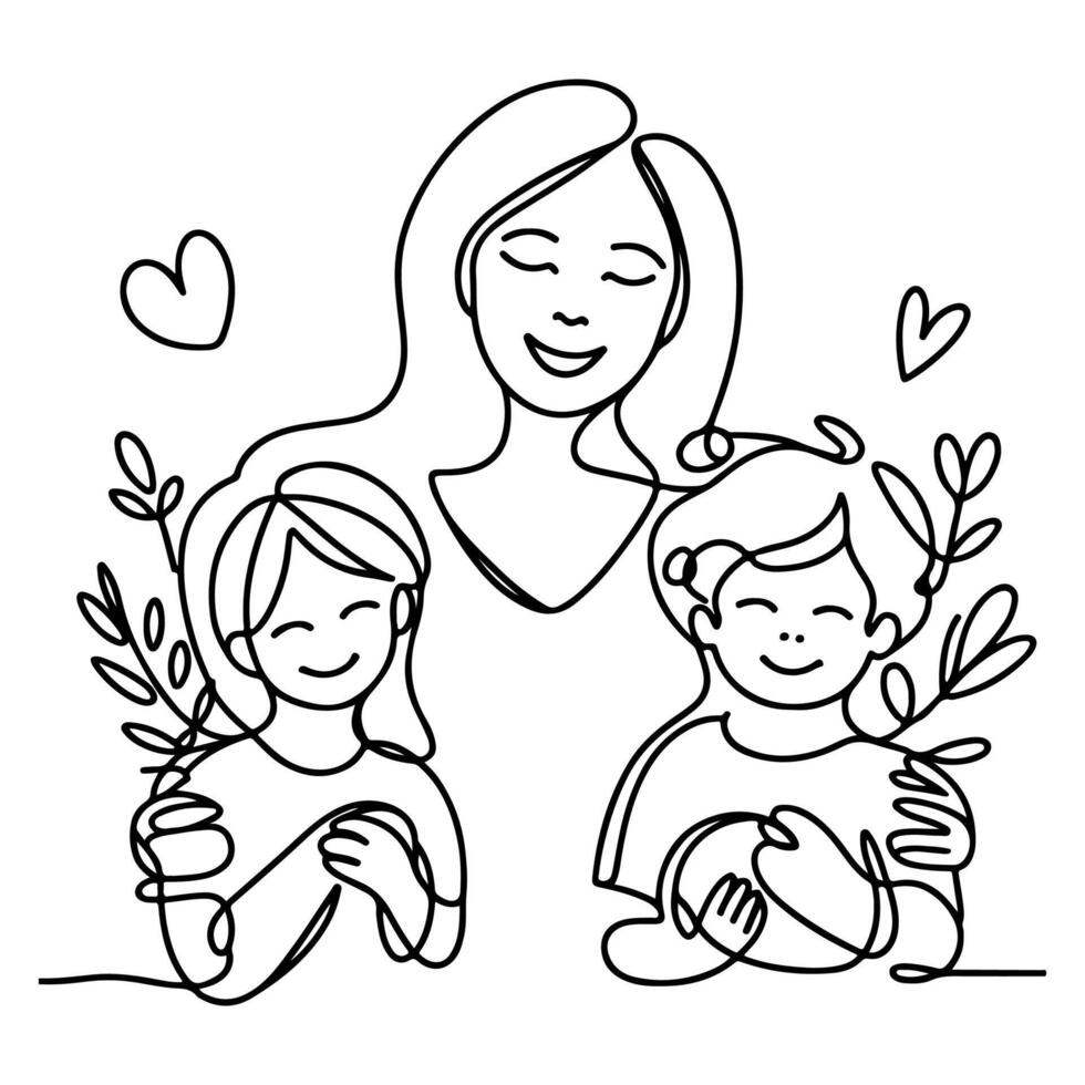 Continuous one black line art drawing happy family father and mother with child doodles style vector illustration on white