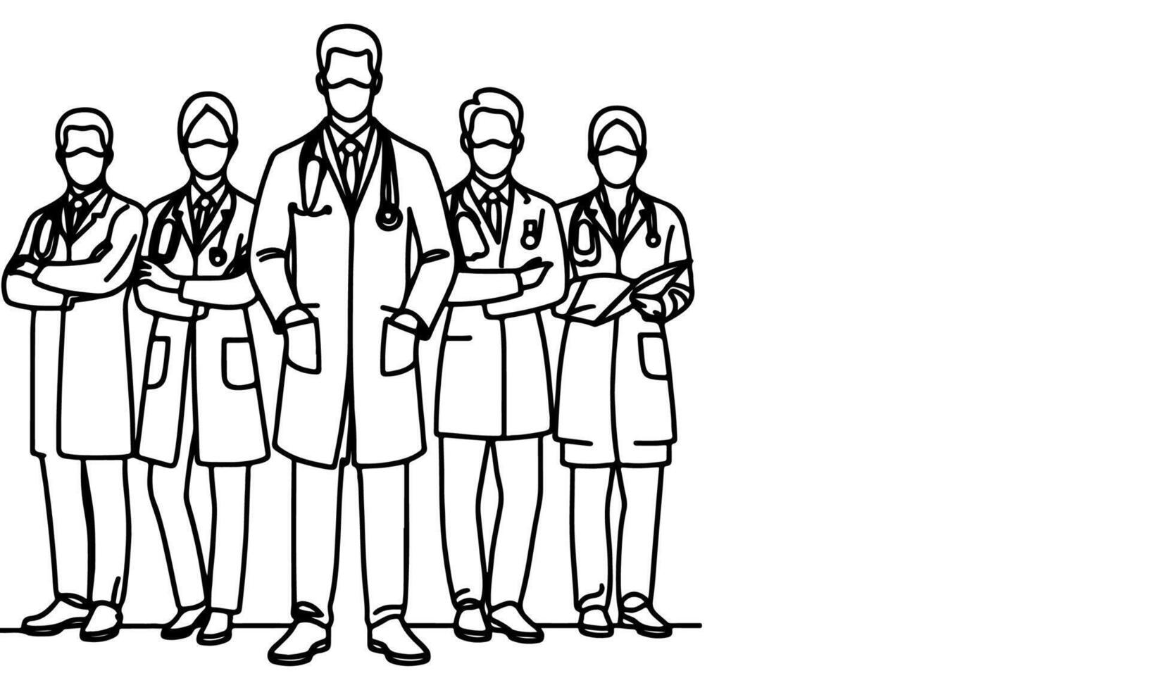 Continuous one black line art hand drawing doctors. National doctor day concept vector illustration on white background with copy space