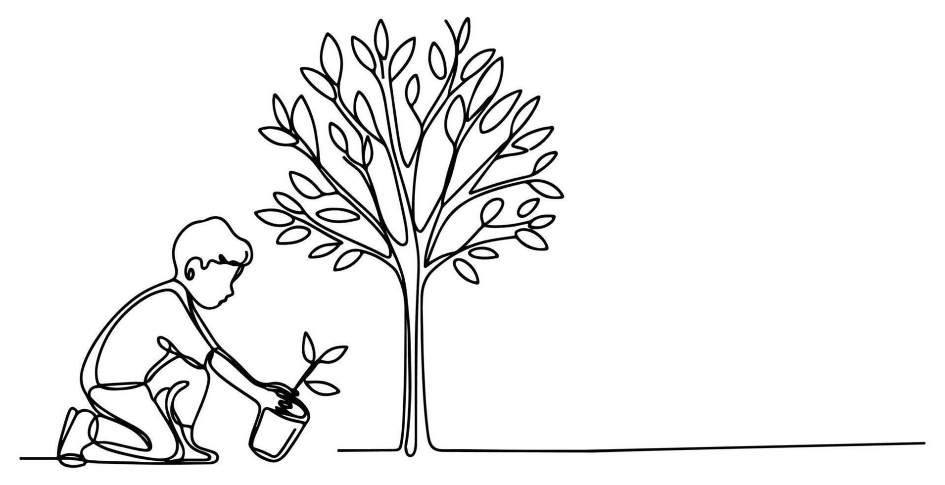 Continuous one black line art drawing Silhouette of children planting tree. Shovel digs roots plant into ground to save the world and earth day reduce global warming growth vector