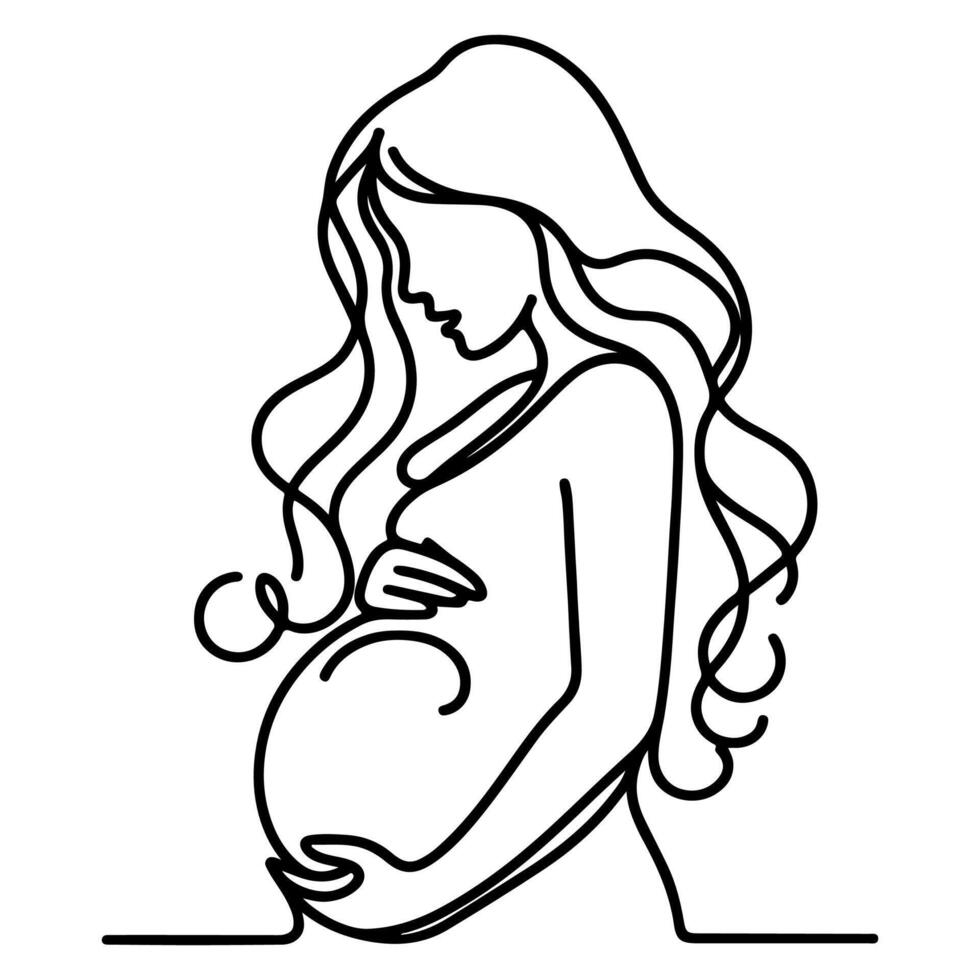 soltero continuo negro línea Arte dibujo lineal Arte medicina salud cuidado el embarazo sano con embarazada comida garabatear vector ilustración