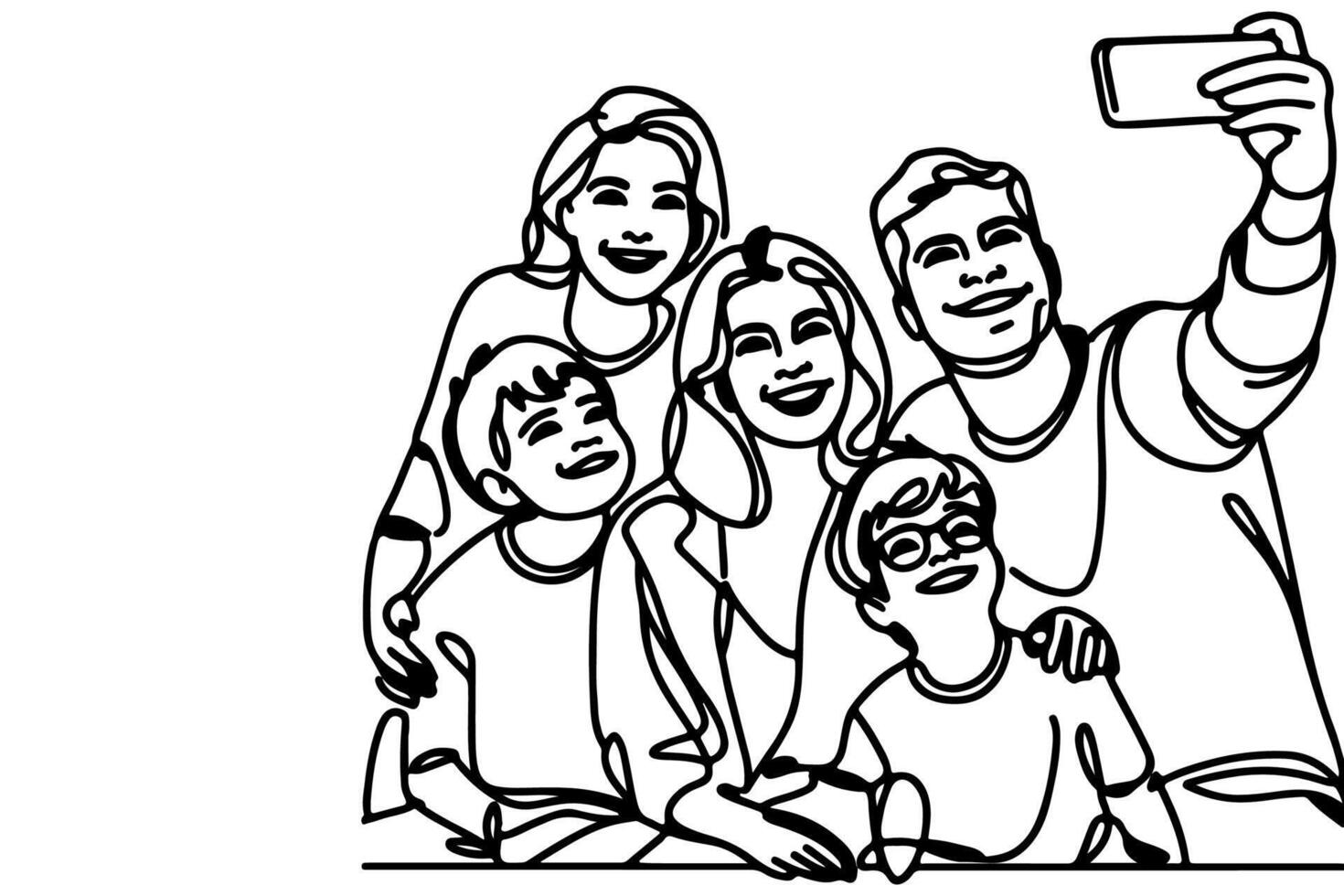 continuous one black line art drawing cheerful family taking acting selfie or video call through mobile phone outline doodle vector family travel concept