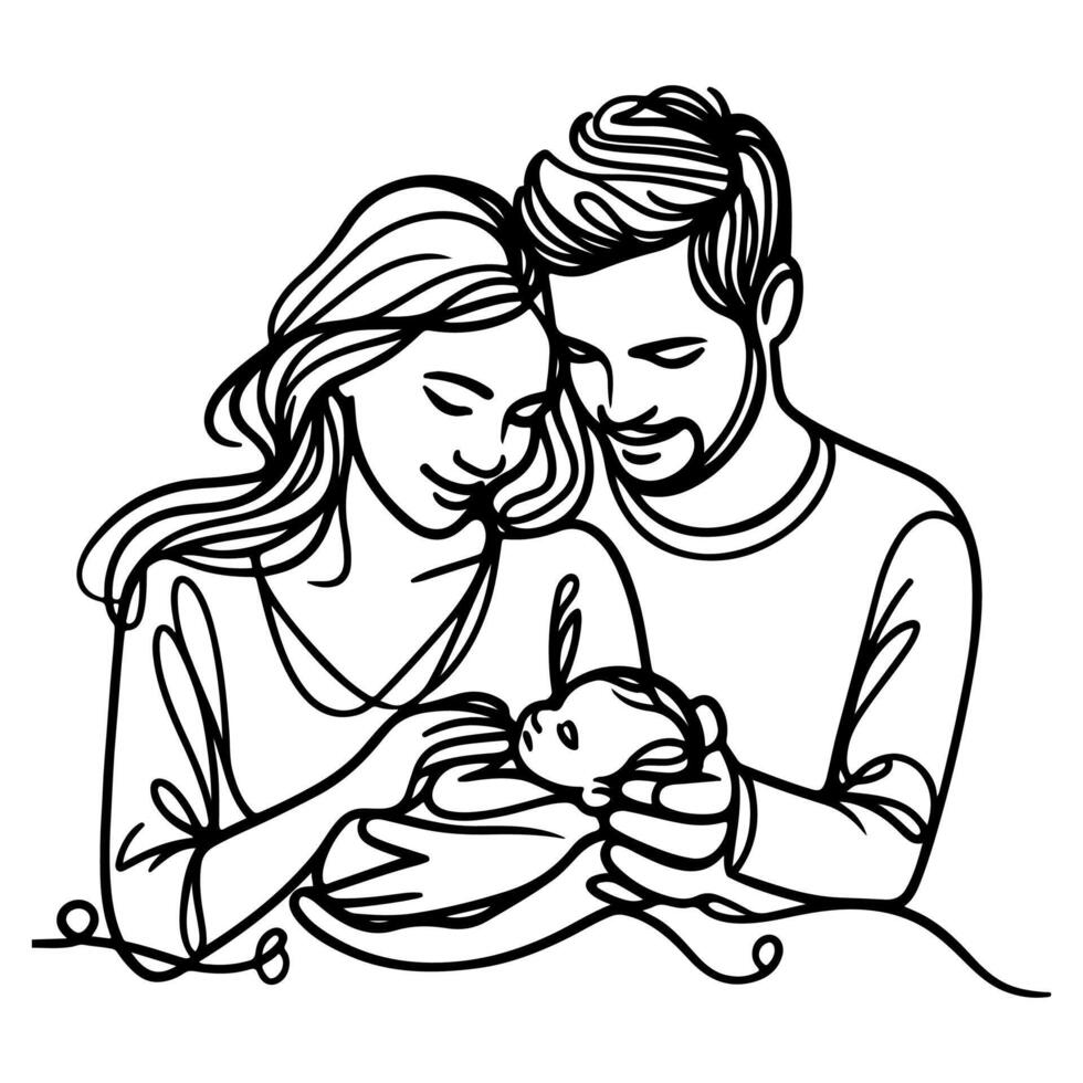 continuo uno negro línea Arte dibujo padres con recién nacido bebé garabatos contorno estilo vector ilustración en blanco antecedentes
