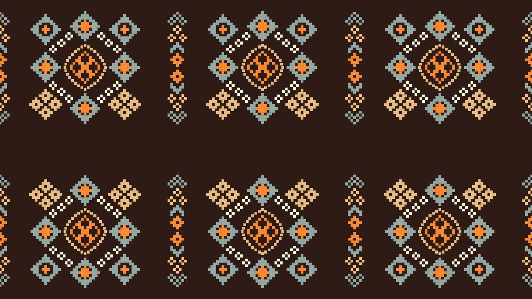 Traditional ethnic motifs ikat geometric fabric pattern cross stitch.Ikat embroidery Ethnic oriental Pixel brown background. Abstract,vector,illustration. Texture,scarf,decoration,wallpaper. vector