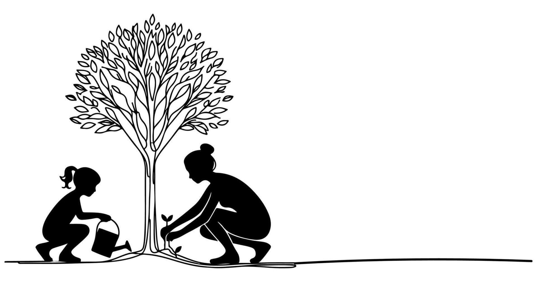 Continuous one black line art drawing Silhouette of children watering a tree. planting tree to save the world and earth day reduce global warming growth concept vector illustration on white background