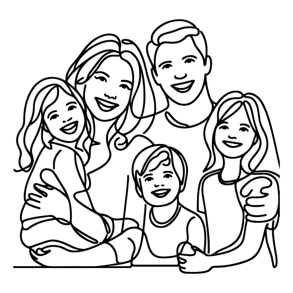 Continuous one black line art drawing happy family father and mother with child doodles style vector illustration on white