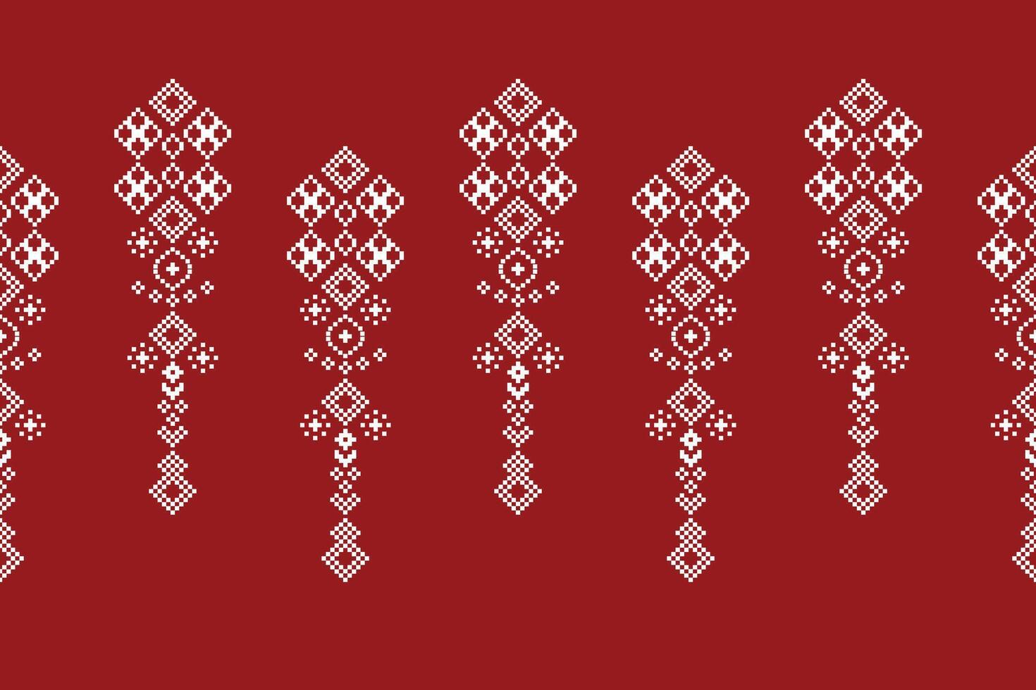 Traditional ethnic motifs ikat geometric fabric pattern cross stitch.Ikat embroidery Ethnic oriental Pixel red background. Abstract,vector,illustration. Texture,christmas,decoration,wallpaper. vector