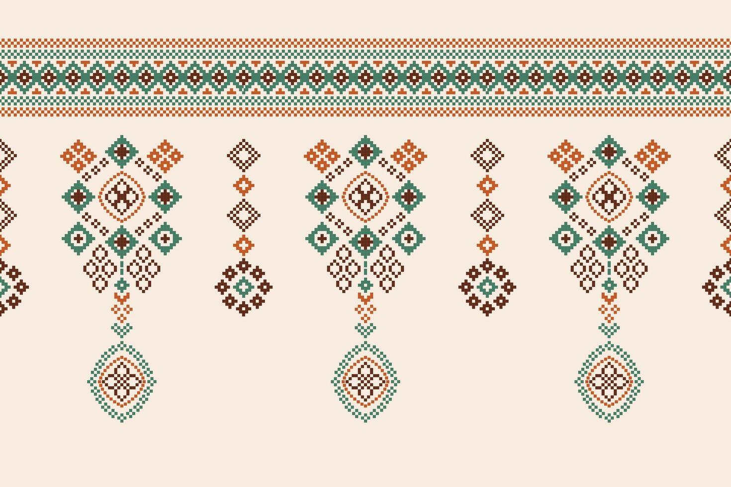 Traditional ethnic motifs ikat geometric fabric pattern cross stitch.Ikat embroidery Ethnic oriental Pixel brown cream background. Abstract,vector,illustration. Texture,scarf,decoration,wallpaper. vector