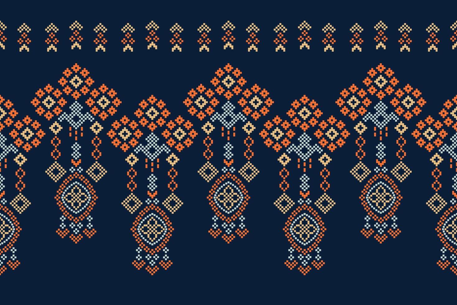 Traditional ethnic motifs ikat geometric fabric pattern cross stitch.Ikat embroidery Ethnic oriental Pixel navy blue background. Abstract,vector,illustration. Texture,scarf,decoration,wallpaper. vector