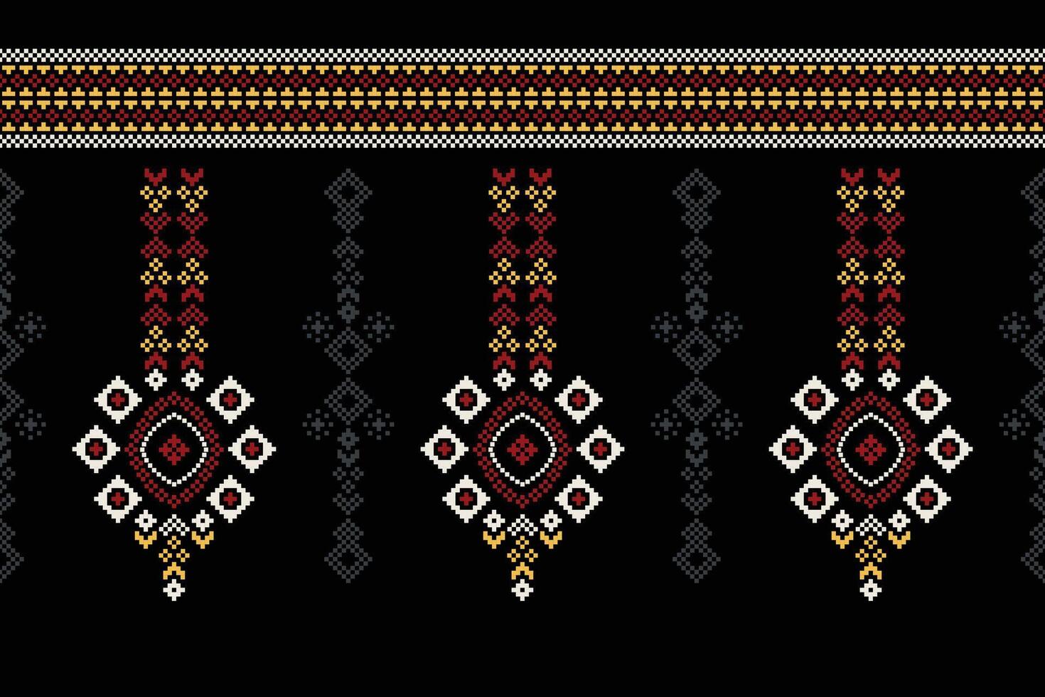 Traditional ethnic motifs ikat geometric fabric pattern cross stitch.Ikat embroidery Ethnic oriental Pixel black background.Abstract,vector,illustration. Texture,scarf,decoration,wallpaper. vector