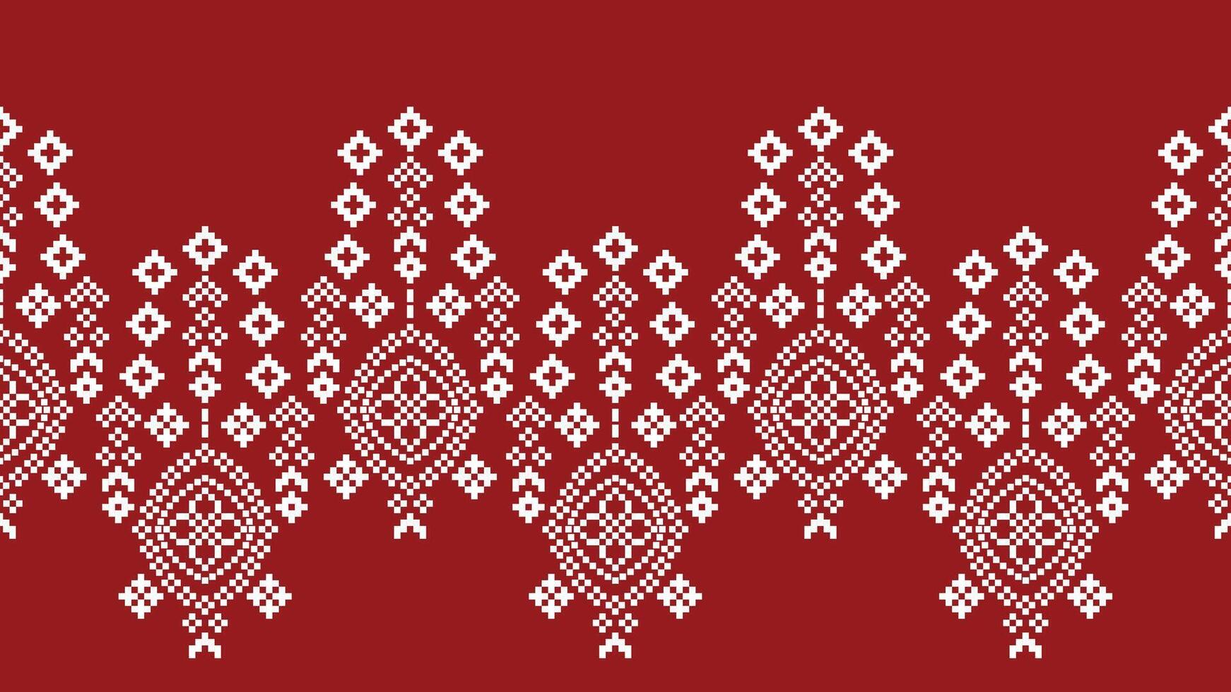 Traditional ethnic motifs ikat geometric fabric pattern cross stitch.Ikat embroidery Ethnic oriental Pixel red background. Abstract,vector,illustration. Texture,christmas,decoration,wallpaper. vector