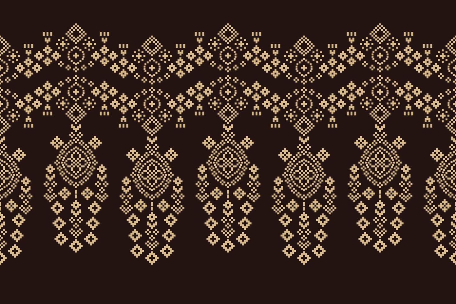 Traditional ethnic motifs ikat geometric fabric pattern cross stitch.Ikat embroidery Ethnic oriental Pixel brown background. Abstract,vector,illustration. Texture,scarf,decoration,wallpaper. vector