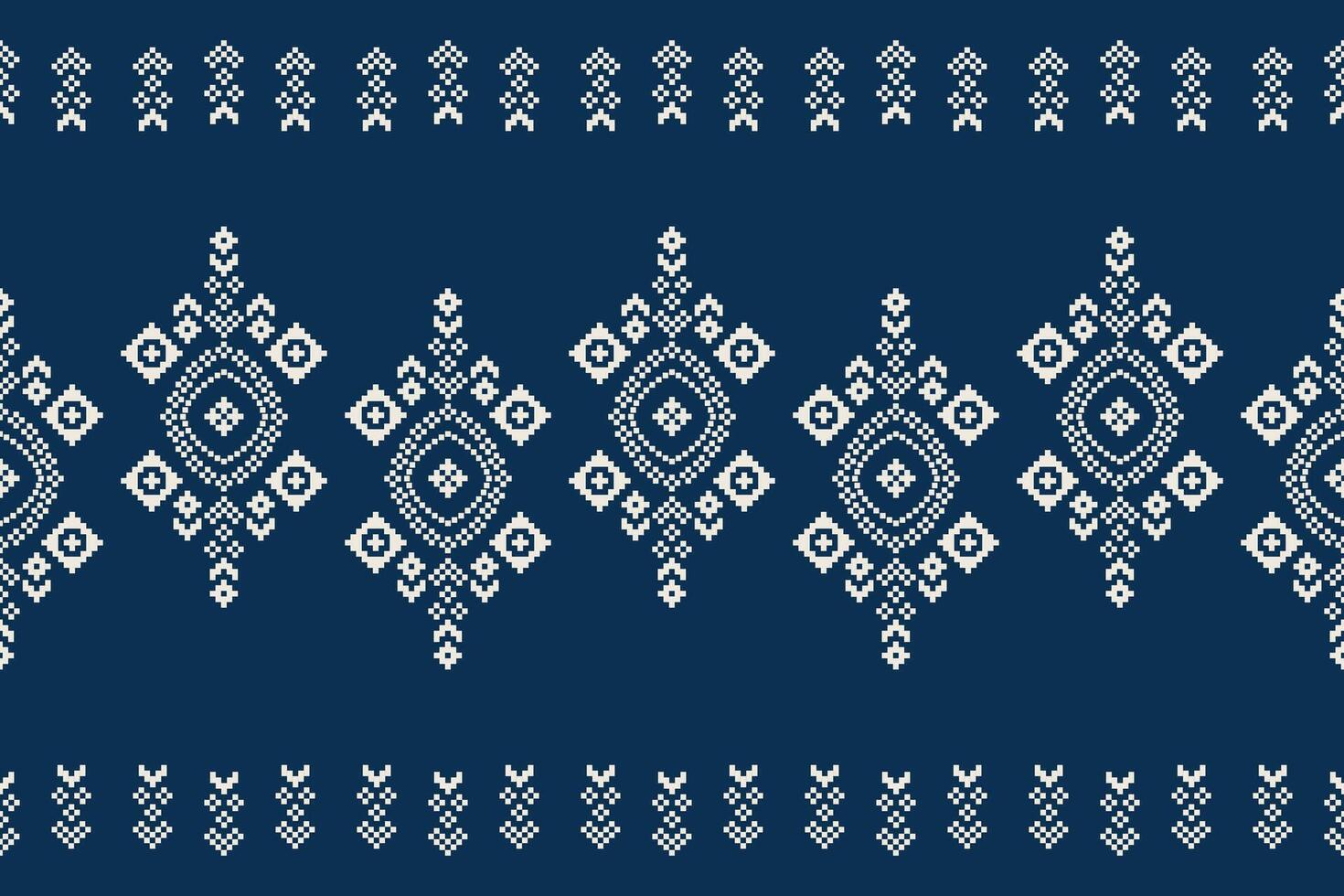 Traditional ethnic motifs ikat geometric fabric pattern cross stitch.Ikat embroidery Ethnic oriental Pixel navy blue background. Abstract,vector,illustration. Texture,scarf,decoration,wallpaper. vector