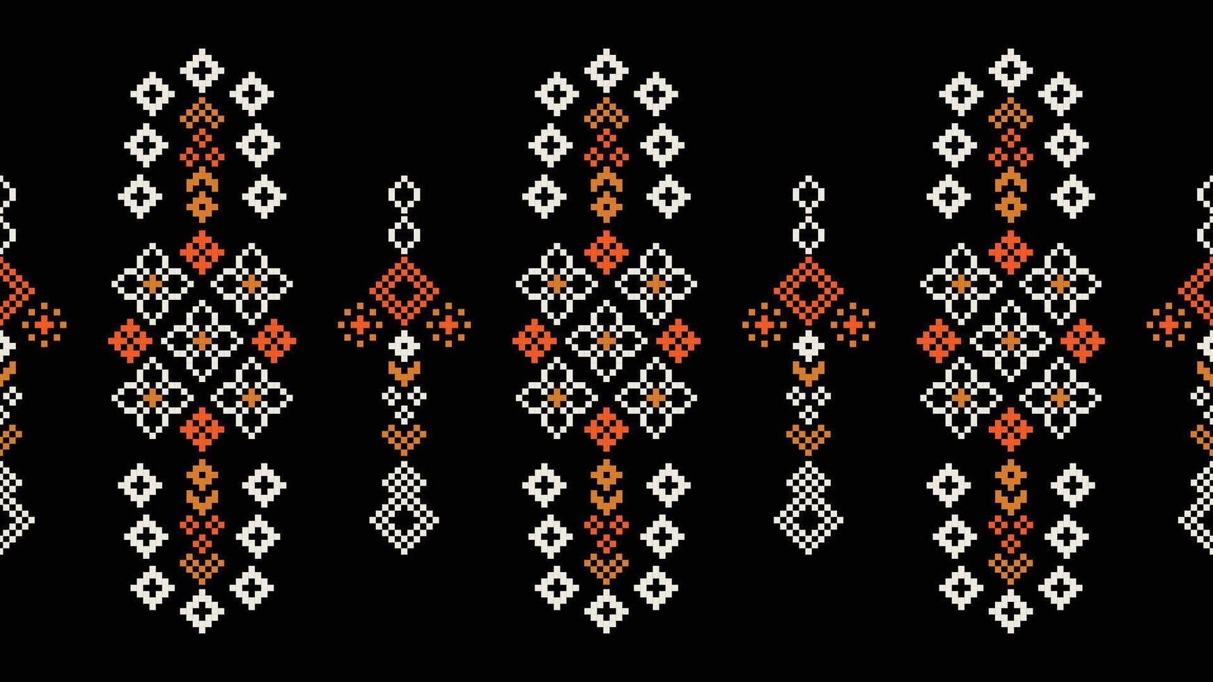 Traditional ethnic motifs ikat geometric fabric pattern cross stitch.Ikat embroidery Ethnic oriental Pixel black background.Abstract,vector,illustration. Texture,scarf,decoration,wallpaper. vector
