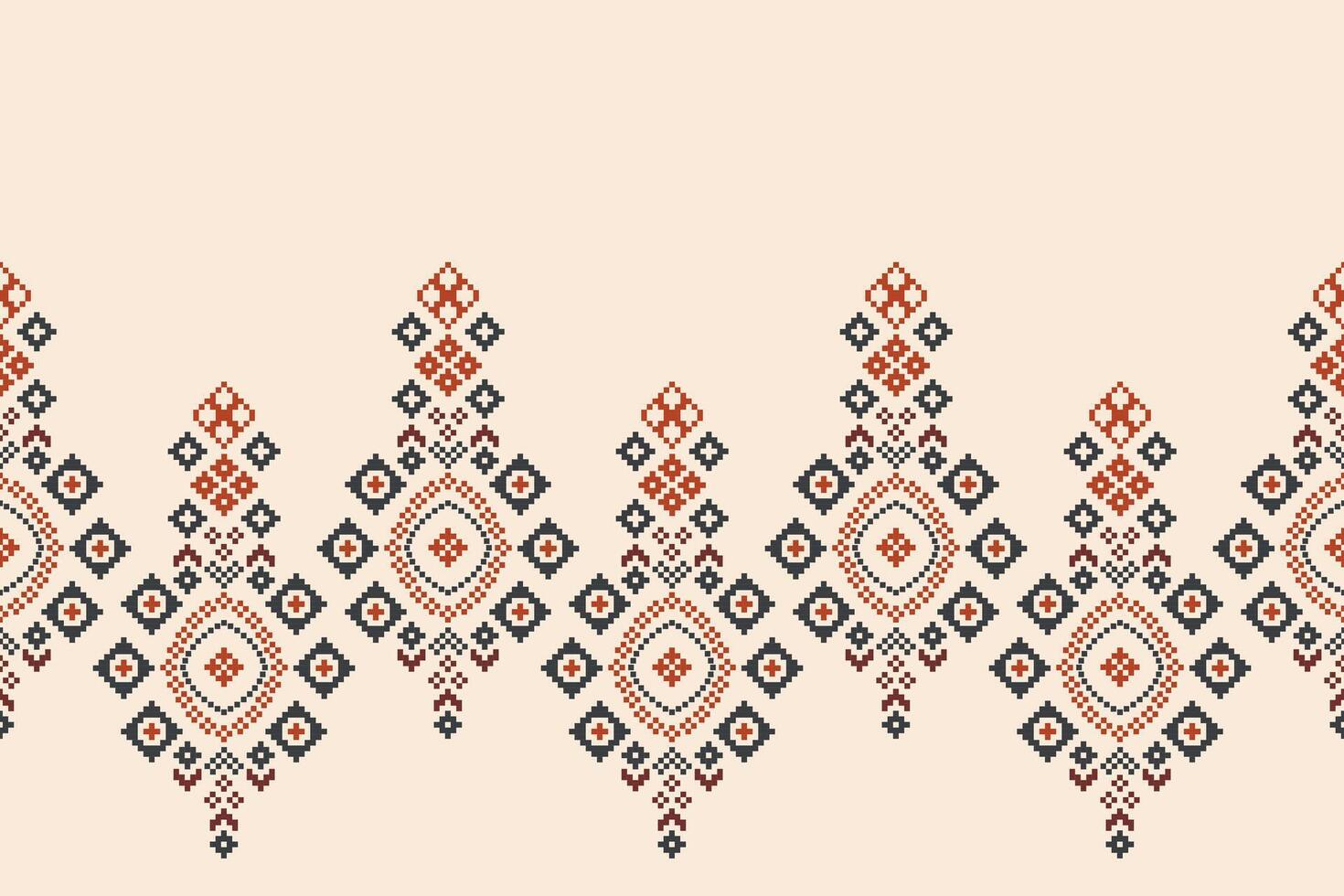 Traditional ethnic motifs ikat geometric fabric pattern cross stitch.Ikat embroidery Ethnic oriental Pixel brown cream background. Abstract,vector,illustration. Texture,scarf,decoration,wallpaper. vector