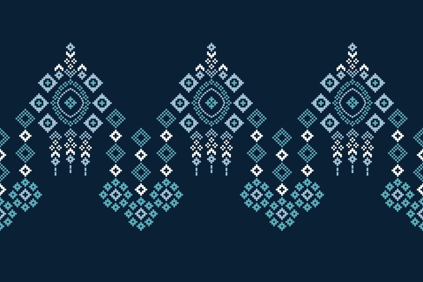 Traditional ethnic motifs ikat geometric fabric pattern cross stitch.Ikat embroidery Ethnic oriental Pixel navy blue background. Abstract,vector,illustration. Texture,scarf,decoration,wallpaper. vector